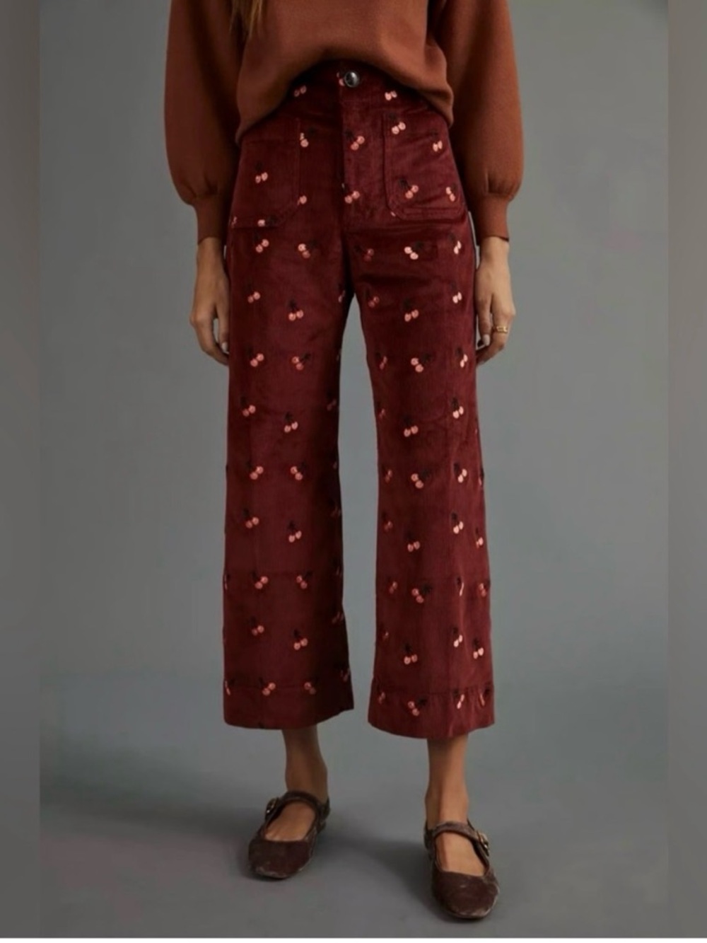 Anthropologie Maeve Corduroy Pants with Cherry Embroidery - Rust Red